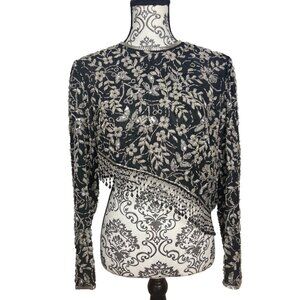 Vintage Jack Bryan 12 Beaded Sequin Black & Silver Floral Cropped Top Asymmetric